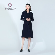 TRIBECA翠贝卡春季新款收腰时尚百搭纽扣女士连衣裙 蔵兰 M