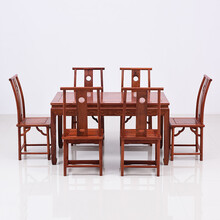 DFJXW F红木家具缅甸花梨（学名：大果紫檀）餐桌椅组合新中式实木饭桌长方形一桌六椅餐厅歺桌 灯挂椅+长餐桌七件套