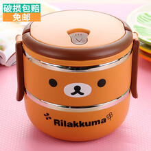 沐和不锈钢保温饭盒多层层学生儿童圆形便当盒哆啦A梦轻松熊密封防漏卡通餐盒提锅 轻松熊双层