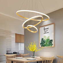 VVS美学灯 现代简约led餐厅吊灯圆环北欧客厅灯创意个性卧室书房吧台灯具 3环金色60+40+20cm无极调光+遥控