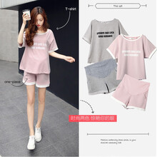 孕妇套装夏装时尚短袖孕妇装纯棉宽松上衣孕妇短裤休闲两件套孕妇裤夏天孕妈装夏季裤子 粉红色两件套 L