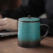矜瓷 茶杯陶瓷绿松石釉马克杯大容量带盖办公会议个人泡茶杯功夫茶具配件 绿松石个人杯
