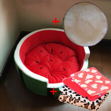 四季通用猫窝狗窝西瓜可爱床家宠物夏窝冬季四季通用泰迪比熊布偶英短美短小型狗狗猫咪便携西瓜窝 西瓜床+毛毯+凉席 中码(10斤内)