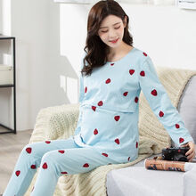 楚歌质优品 孕妇秋衣秋裤套装纯棉产后哺乳睡衣月子服秋季冬款喂奶保暖内衣女 蓝色-草莓套装 L【100-125斤】