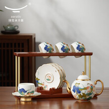 auratic国瓷永丰源 幸福和鸣 10头陶瓷茶壶杯具套装  中式家用送礼 礼盒包装（4人位）赠实木陈列架