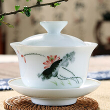 邱公子家用陶瓷白瓷功夫茶具茶艺荷花盖碗古代茶杯套装茶碗三才杯泡茶碗小号大号 金镶玉-荷花盖碗