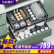 【新款三层拉篮】太和樱花 厨房橱柜拉篮碗架 抽屉式铝合金抽中抽收纳置物架 碗碟拉篮 抽中抽三层拉篮700柜体 三层