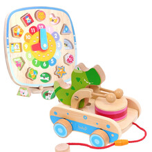 儿童玩具手拉车 儿童学步拖拉车玩具宝宝幼儿婴儿1一2两-二3三周岁手拉线牵引MYFS 鳄鱼鼓车+形状配对时钟(盒装)