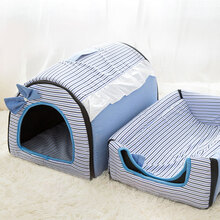 北狄狗窝四季通用冬天保暖房子型小型犬可拆洗封闭式猫窝泰迪宠物用品 晴蓝条纹-房子窝#轻薄透气# M【47*35*33 适合体重12斤内小型犬】