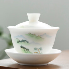 钰铨龙门 大号德化白瓷手绘无釉素烧高档功夫茶具泡茶三才盖碗介杯大容量喝茶泡杯手绘花鸟山水水墨茶杯家用 大号白瓷手绘盖碗-款式一 （约190ml）