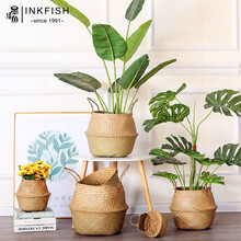墨斗鱼 海草编织筐花盆2号 北欧竹编花盆园艺花盆盆栽天堂鸟散尾葵龟背竹文艺海草编织花篮收纳篮自然色2740