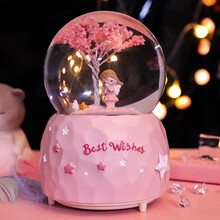 圣诞礼物熊水晶球 冰雪奇缘爱莎公主水晶球带灯樱花熊音乐盒八音盒圣诞节生日礼物 中号樱花 +灯光+音乐+手动飘雪 高12厘米