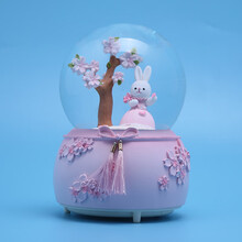 圣诞礼物熊水晶球 冰雪奇缘爱莎公主水晶球带灯樱花熊音乐盒八音盒圣诞节生日礼物 中号兔+灯光+音乐+手动飘雪 高12厘米
