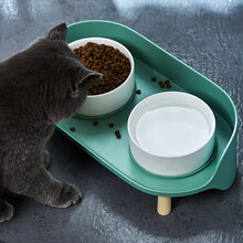 汤琪宠物铁架双碗狗盆狗碗 猫盆猫碗 陶瓷食盆食具双碗小猫咪小狗食具水碗泰迪 灰绿色月半双碗