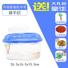 塑料鱼缸透明仿玻璃小型鱼盒家用小金鱼缸手提带盖防摔桌面儿童小金鱼缸手提带盖防摔桌面儿童客厅养鱼 中号+彩石+夜光石+仿真椰树+小型鱼粮