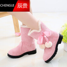 女孩子中大童靴子加绒长靴3-12岁冬季小孩女童长筒靴棉鞋公主潮儿童。 D19粉色 27码内长16.5cm