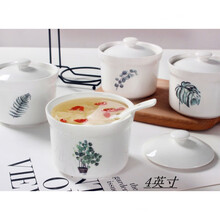 炖汤盅陶瓷带盖隔水炖盅家用炖罐内胆蒸汤盅燕窝补品鱼翅甜品小炖盅 4英寸炖盅--单个绿叶(花面随机)