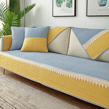 【品牌优选】潮潮北欧简约沙发垫四季通用纯棉布艺时尚防滑坐垫现代冬季皮沙发套罩 彩拼浅蓝黄 90*70cm