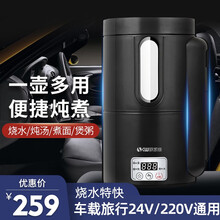 车载电热水壶保温烧水壶12V24v两用220V便携式旅行电炖杯煮粥杯多功能蒸煮壶大容量800ML 黑色24V/220V