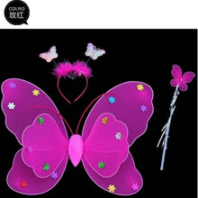 发光天使蝴蝶翅膀儿童演出服道具仙女棒小女孩的玩具三件套魔法棒 双层玫红色