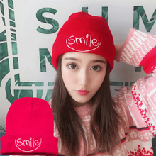 女帽子冬季 时尚 新款ins毛线帽子女韩版学生针织帽百搭可爱加厚 红色-smile 均码有弹性毛线帽