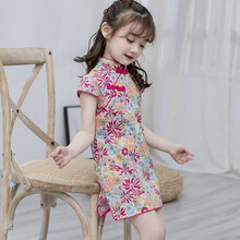 楚曼姿女童旗袍儿童棉弹力格子旗袍夏季女宝宝褀袍小女孩中国风连衣裙 洛神 短袖 140