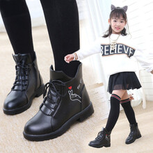 麦桔儿 女童靴子儿童棉鞋皮鞋加绒韩版短靴2021秋冬季新款马丁靴中大童棉靴女童鞋 黑色薄绒 34码/内长20.8cm