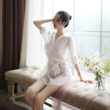 长夜漫漫 情趣内衣女套装制服诱惑吊带性感睡衣角色扮演SM连体开裆透视三点式透明睡裙开档免脱雪纺大码 白色性感睡衣【内衣+腰带+内裤】