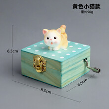 创意木质手摇八音盒发条式小音乐盒手工diy送女孩儿童女生日礼物 蓝色 (黄色小猫款)