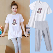 楚歌质优品 孕妇装夏装短袖大码连衣裙时尚潮妈夏天中长款上衣宽松T恤衫套装 816#白色上衣【紫色熊】+灰七分裤 L