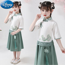 【迪士尼旗舰官方店】适合小朋友穿的女童中国风唐装裙子洋气两件套儿童汉服古装小女孩民国风旗袍裙夏 绿色裙子送发夹 120