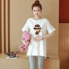 孕妇装夏装新款印花孕妇短袖T恤夏天中长款孕妇裙体恤宽松上衣外穿孕妈装 白色 M