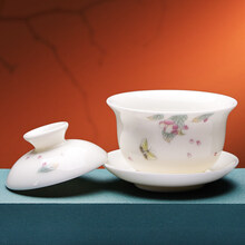 月仙琪 羊脂玉三才盖碗茶杯单个功夫茶具泡茶碗带盖德化白瓷茶盖碗陶瓷功夫茶具茶壶盖碗茶杯茶具茶碗盖碗 蝶舞花间