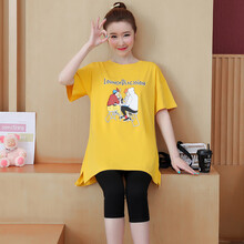 爱兰婷孕妇装2021春夏韩版新款怀孕潮妈夏季纯棉印花宽松大码短袖T恤中长款上衣孕妇裙 黄色 XXL
