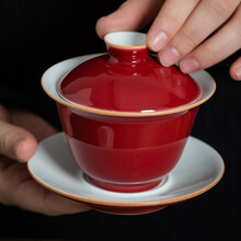 陶艺公社 三才盖碗 陶瓷茶具复古官窑霁红霁蓝中式功夫泡茶杯茶碗 霁红三才盖碗-200ml