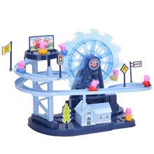 抖音同款小猪佩奇爬楼梯玩具 滑梯轨道带灯光电动滑梯男孩女孩儿童社会人玩具车 小猪摩天轮USB海洋蓝配6只公仔