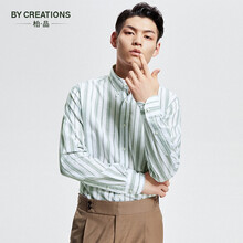 By Creations柏品男装男士纽扣领天丝棉麻混纺商务休闲风条纹衬衫男衬衣长袖 绿白条纹 38