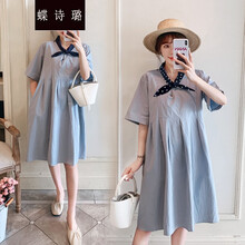 蝶诗璐 孕妇春夏装2021夏季新款外出显瘦衬衫上衣孕妇连衣裙中长款夏天裙子孕妈装 波点领结 M