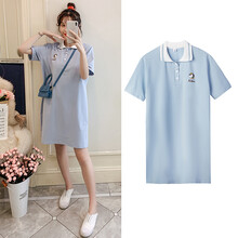 敏潮格伦2021春夏新款孕妇装减龄卡通刺绣孕妇夏装韩版时尚学院风连衣裙子 蓝色 XXL