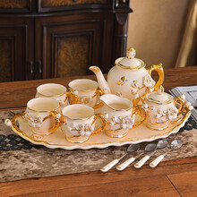 金裕尊客厅水杯茶具套装家用欧式陶瓷水具杯具茶杯子茶壶整套奢华带托盘 蝴蝶兰（6杯3壶1托）