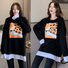 卓贝欣孕妇装套装春秋装宽松上衣潮妈中长款长袖t恤孕妇卫衣连衣裙两件套春装 黑色上衣(优质版) M