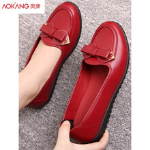 【特价】奥康妈妈鞋软底舒适中老年全真牛皮单鞋黑色防滑工作鞋平底镂空凉鞋奶奶鞋夏天穿的凉快透气皮鞋 红色 1811# 36