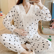 邦帛莉 月子服孕妇睡衣 春夏款纯棉纱布款和服产妇哺乳睡衣喂奶衣居家套装 6601-白色圆点 M码（80-100斤）