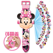 儿童玩具手表可翻盖可当手电筒女孩发光投影手表卡通奥特曼蜘蛛侠电子表4男孩3-6岁1表两2用 迪士米妮【翻盖】
