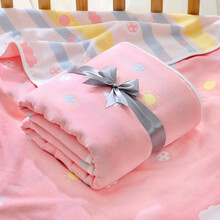6层纱布婴儿浴巾纯棉男女宝宝方浴巾柔软吸水儿童小盖毯被子新生儿用品春夏季加厚速干童被毯子 球拍粉色 110*110cm