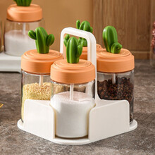 北杉调料盒套装 厨房加厚调味罐 放盐鸡精玻璃罐子 家用带勺密封创意调味瓶 多格佐料瓶调味盒 仙人掌手提四组调味缸