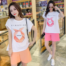 珺瑞禾  孕妇套装夏装21韩版时尚休闲短袖T恤上衣潮妈薄款网红外出两件套孕妇装 桔色 M(建议体重90-110斤)