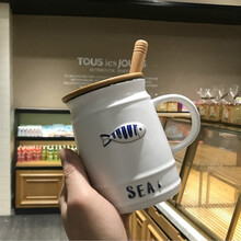 【带木柄勺】波比熊陶瓷杯子抖音网红马克杯女家用儿童燕麦早餐牛奶杯学生创意海洋风水杯办公简约清新带盖 海洋鱼陶瓷杯500毫升+木柄勺+竹盖