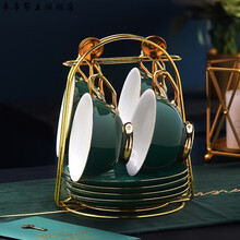 【轻奢高端】英式轻奢咖啡杯套装  英式轻奢咖啡杯碟套装陶瓷精致欧式小下午茶茶具红茶杯 四杯四碟四勺+金色架子