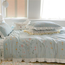 贵福爽 韩版全棉40支加厚水洗棉刺绣四件套纯棉荷叶边仙美小清新绣花床上用品套件 花漾-蓝 1.5/1.8米床四件套(被套200*230cm)